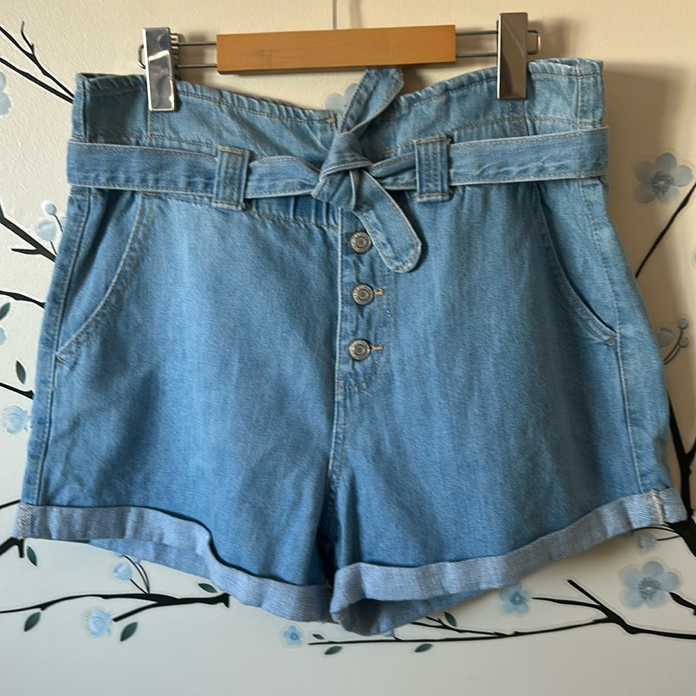 Wax Jean VGUC high waisted paper bag shorts, button fly, removable belt, rolled